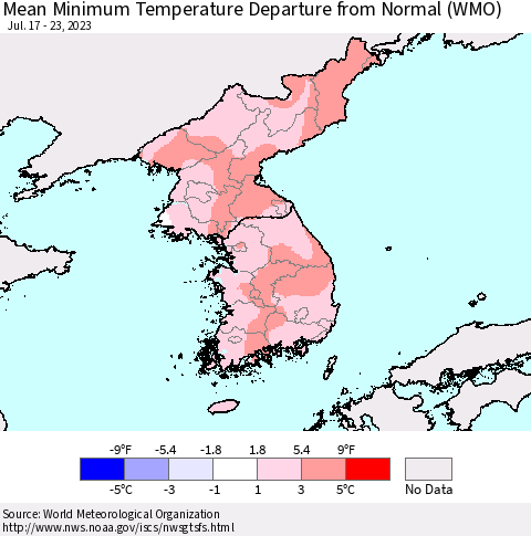 Korea Mean Minimum Temperature Departure from Normal (WMO) Thematic Map For 7/17/2023 - 7/23/2023