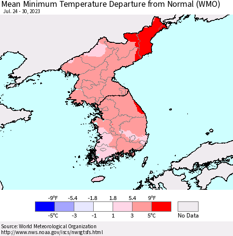 Korea Mean Minimum Temperature Departure from Normal (WMO) Thematic Map For 7/24/2023 - 7/30/2023