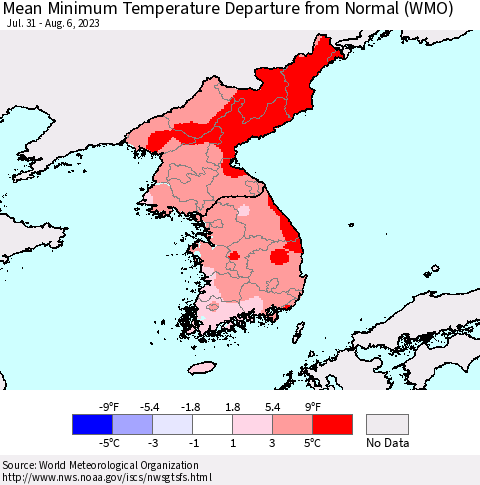 Korea Mean Minimum Temperature Departure from Normal (WMO) Thematic Map For 7/31/2023 - 8/6/2023