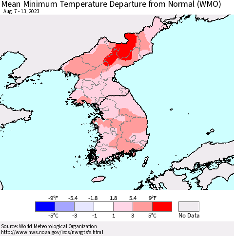 Korea Mean Minimum Temperature Departure from Normal (WMO) Thematic Map For 8/7/2023 - 8/13/2023