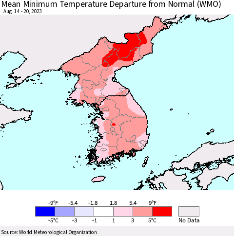 Korea Mean Minimum Temperature Departure from Normal (WMO) Thematic Map For 8/14/2023 - 8/20/2023