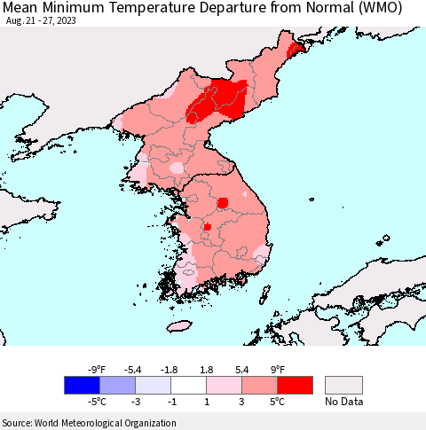 Korea Mean Minimum Temperature Departure from Normal (WMO) Thematic Map For 8/21/2023 - 8/27/2023