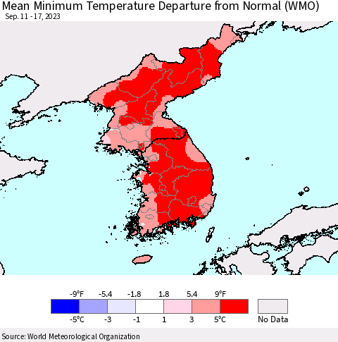 Korea Mean Minimum Temperature Departure from Normal (WMO) Thematic Map For 9/11/2023 - 9/17/2023