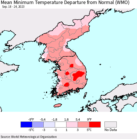 Korea Mean Minimum Temperature Departure from Normal (WMO) Thematic Map For 9/18/2023 - 9/24/2023