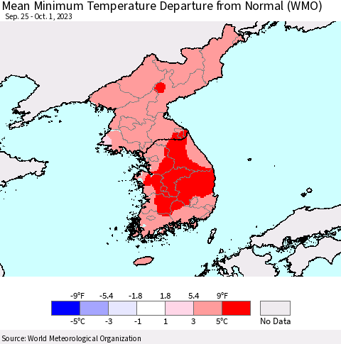 Korea Mean Minimum Temperature Departure from Normal (WMO) Thematic Map For 9/25/2023 - 10/1/2023