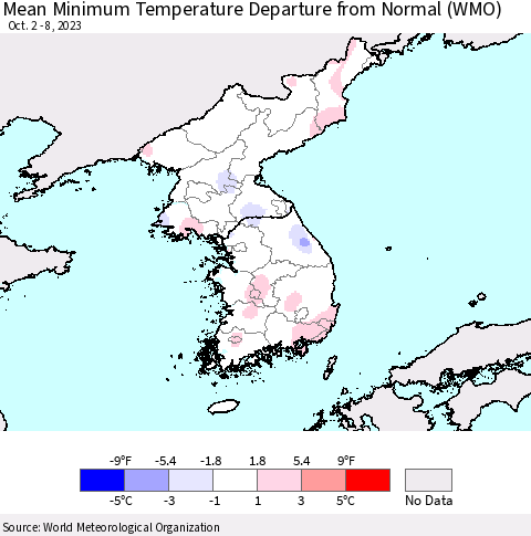 Korea Mean Minimum Temperature Departure from Normal (WMO) Thematic Map For 10/2/2023 - 10/8/2023