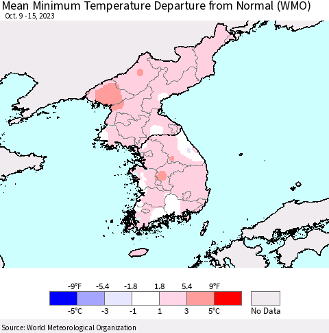 Korea Mean Minimum Temperature Departure from Normal (WMO) Thematic Map For 10/9/2023 - 10/15/2023