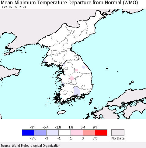 Korea Mean Minimum Temperature Departure from Normal (WMO) Thematic Map For 10/16/2023 - 10/22/2023