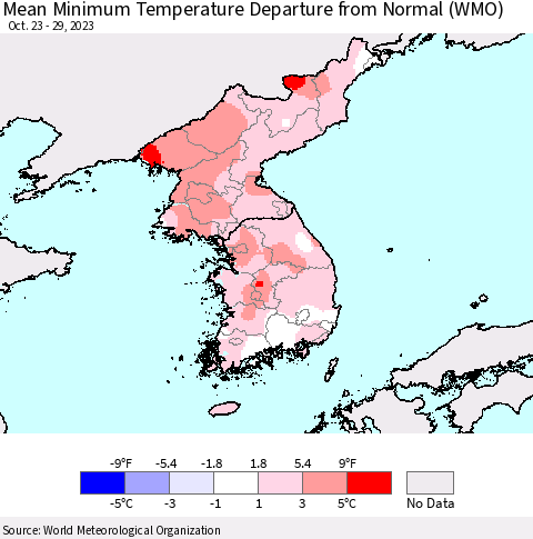 Korea Mean Minimum Temperature Departure from Normal (WMO) Thematic Map For 10/23/2023 - 10/29/2023