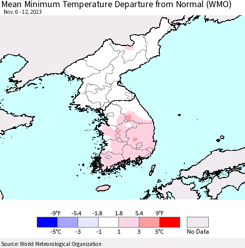 Korea Mean Minimum Temperature Departure from Normal (WMO) Thematic Map For 11/6/2023 - 11/12/2023