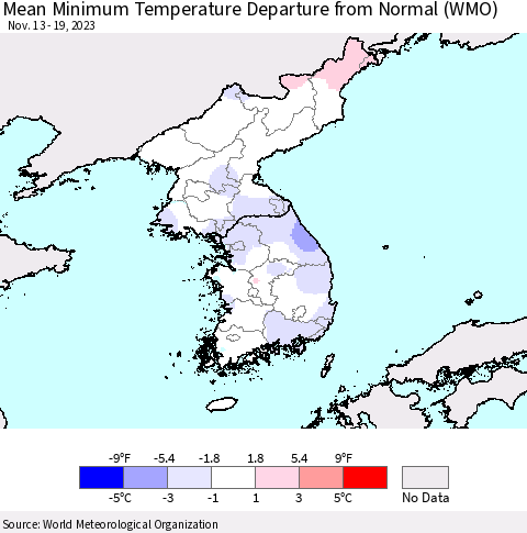 Korea Mean Minimum Temperature Departure from Normal (WMO) Thematic Map For 11/13/2023 - 11/19/2023