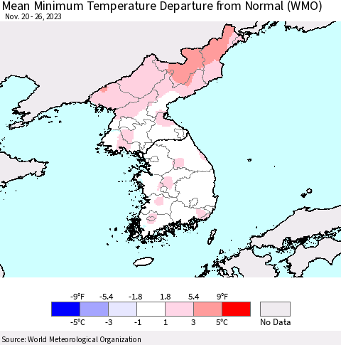 Korea Mean Minimum Temperature Departure from Normal (WMO) Thematic Map For 11/20/2023 - 11/26/2023