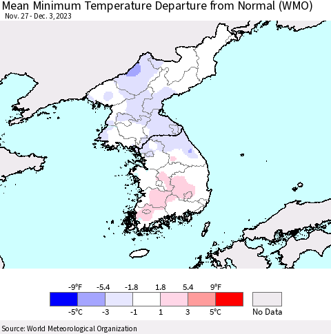 Korea Mean Minimum Temperature Departure from Normal (WMO) Thematic Map For 11/27/2023 - 12/3/2023