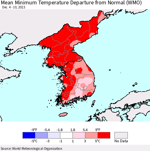 Korea Mean Minimum Temperature Departure from Normal (WMO) Thematic Map For 12/4/2023 - 12/10/2023