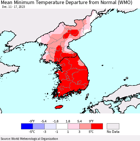Korea Mean Minimum Temperature Departure from Normal (WMO) Thematic Map For 12/11/2023 - 12/17/2023
