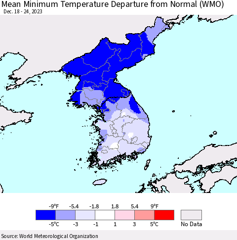 Korea Mean Minimum Temperature Departure from Normal (WMO) Thematic Map For 12/18/2023 - 12/24/2023