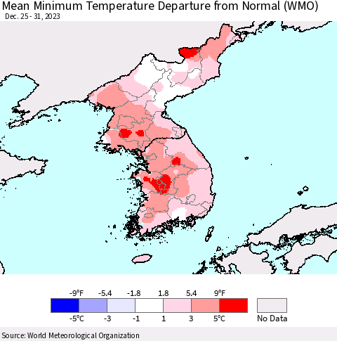 Korea Mean Minimum Temperature Departure from Normal (WMO) Thematic Map For 12/25/2023 - 12/31/2023