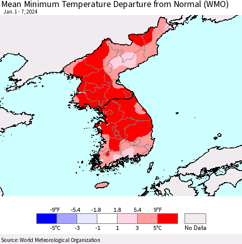 Korea Mean Minimum Temperature Departure from Normal (WMO) Thematic Map For 1/1/2024 - 1/7/2024