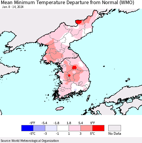 Korea Mean Minimum Temperature Departure from Normal (WMO) Thematic Map For 1/8/2024 - 1/14/2024