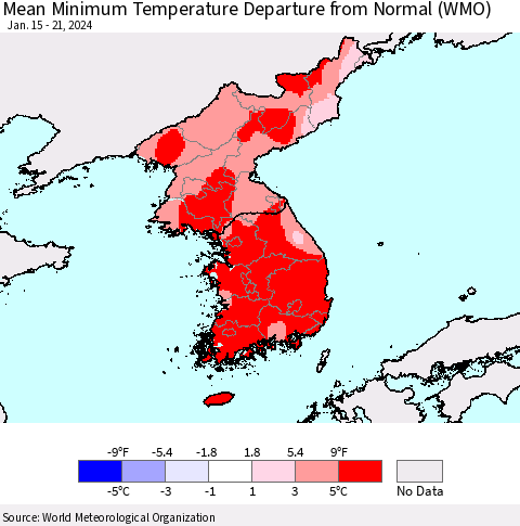 Korea Mean Minimum Temperature Departure from Normal (WMO) Thematic Map For 1/15/2024 - 1/21/2024