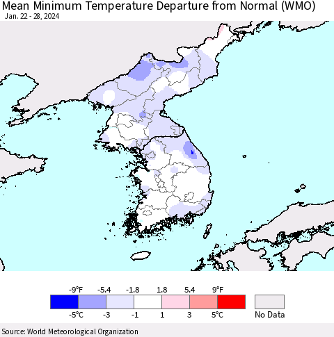 Korea Mean Minimum Temperature Departure from Normal (WMO) Thematic Map For 1/22/2024 - 1/28/2024