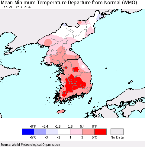 Korea Mean Minimum Temperature Departure from Normal (WMO) Thematic Map For 1/29/2024 - 2/4/2024