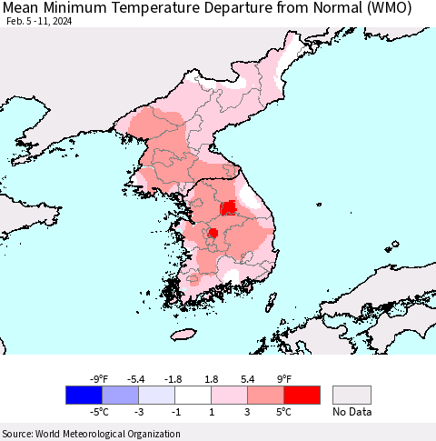 Korea Mean Minimum Temperature Departure from Normal (WMO) Thematic Map For 2/5/2024 - 2/11/2024