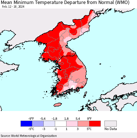 Korea Mean Minimum Temperature Departure from Normal (WMO) Thematic Map For 2/12/2024 - 2/18/2024