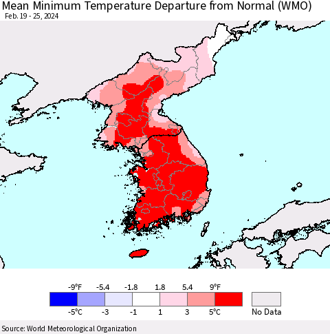 Korea Mean Minimum Temperature Departure from Normal (WMO) Thematic Map For 2/19/2024 - 2/25/2024
