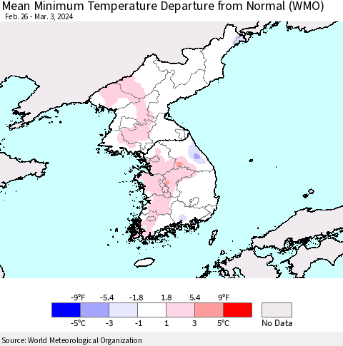 Korea Mean Minimum Temperature Departure from Normal (WMO) Thematic Map For 2/26/2024 - 3/3/2024