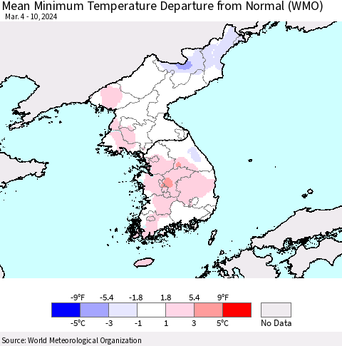 Korea Mean Minimum Temperature Departure from Normal (WMO) Thematic Map For 3/4/2024 - 3/10/2024