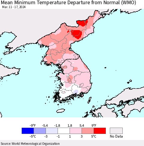 Korea Mean Minimum Temperature Departure from Normal (WMO) Thematic Map For 3/11/2024 - 3/17/2024