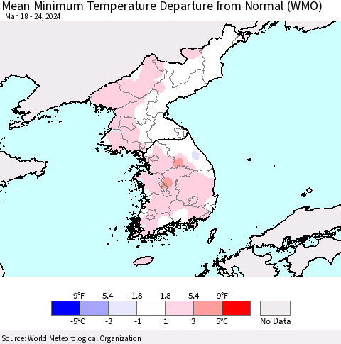Korea Mean Minimum Temperature Departure from Normal (WMO) Thematic Map For 3/18/2024 - 3/24/2024