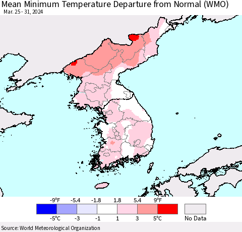 Korea Mean Minimum Temperature Departure from Normal (WMO) Thematic Map For 3/25/2024 - 3/31/2024