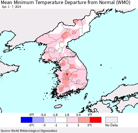 Korea Mean Minimum Temperature Departure from Normal (WMO) Thematic Map For 4/1/2024 - 4/7/2024