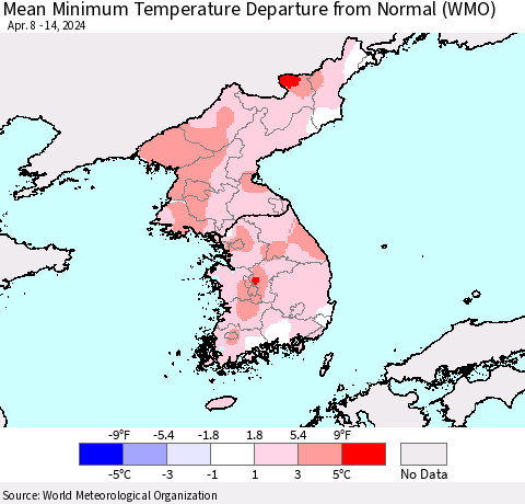 Korea Mean Minimum Temperature Departure from Normal (WMO) Thematic Map For 4/8/2024 - 4/14/2024