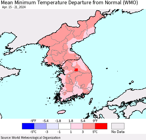 Korea Mean Minimum Temperature Departure from Normal (WMO) Thematic Map For 4/15/2024 - 4/21/2024