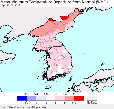 Korea Mean Minimum Temperature Departure from Normal (WMO) Thematic Map For 4/22/2024 - 4/28/2024