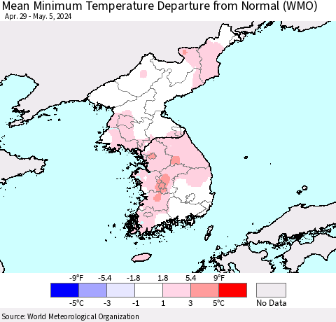 Korea Mean Minimum Temperature Departure from Normal (WMO) Thematic Map For 4/29/2024 - 5/5/2024