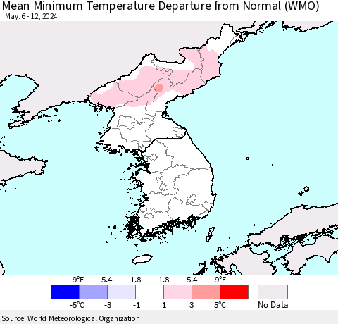 Korea Mean Minimum Temperature Departure from Normal (WMO) Thematic Map For 5/6/2024 - 5/12/2024