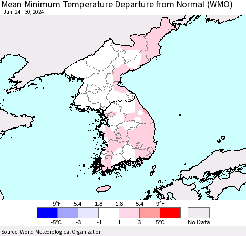 Korea Mean Minimum Temperature Departure from Normal (WMO) Thematic Map For 6/24/2024 - 6/30/2024