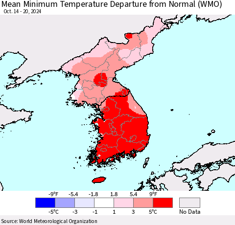 Korea Mean Minimum Temperature Departure from Normal (WMO) Thematic Map For 10/14/2024 - 10/20/2024