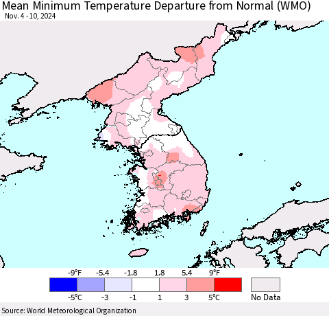 Korea Mean Minimum Temperature Departure from Normal (WMO) Thematic Map For 11/4/2024 - 11/10/2024