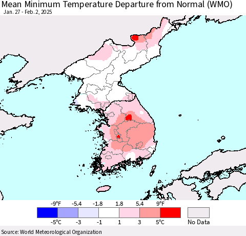 Korea Mean Minimum Temperature Departure from Normal (WMO) Thematic Map For 1/27/2025 - 2/2/2025