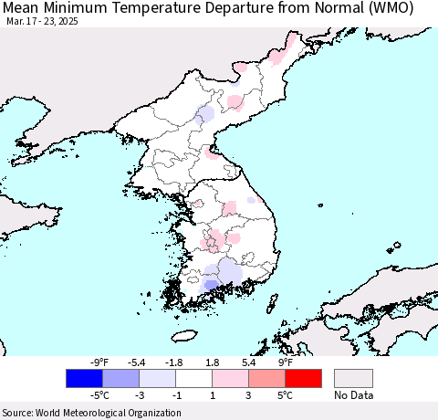 Korea Mean Minimum Temperature Departure from Normal (WMO) Thematic Map For 3/17/2025 - 3/23/2025