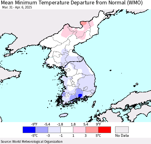 Korea Mean Minimum Temperature Departure from Normal (WMO) Thematic Map For 3/31/2025 - 4/6/2025