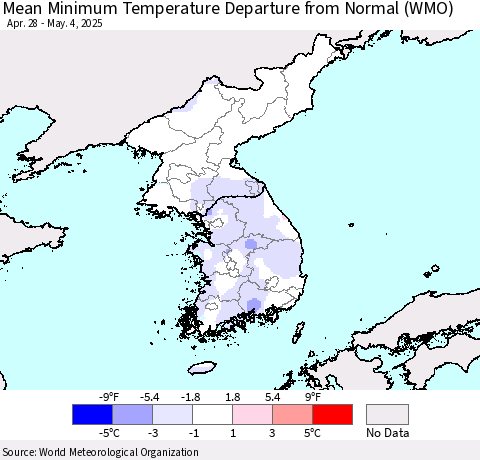 Korea Mean Minimum Temperature Departure from Normal (WMO) Thematic Map For 4/28/2025 - 5/4/2025