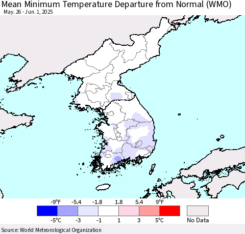 Korea Mean Minimum Temperature Departure from Normal (WMO) Thematic Map For 5/26/2025 - 6/1/2025