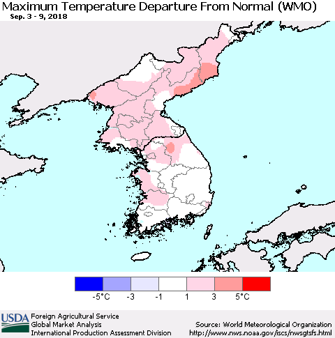 Korea Mean Maximum Temperature Departure from Normal (WMO) Thematic Map For 9/3/2018 - 9/9/2018