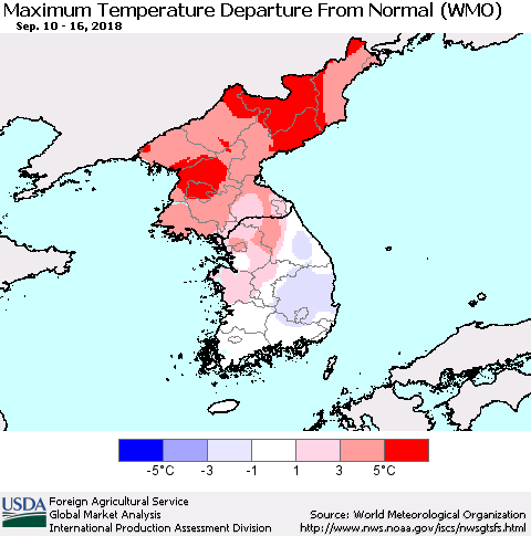 Korea Mean Maximum Temperature Departure from Normal (WMO) Thematic Map For 9/10/2018 - 9/16/2018